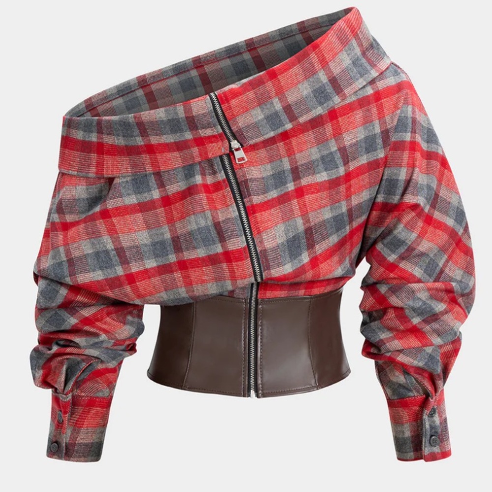 Plaid Off-Shoulder Top with faux Leather Waist